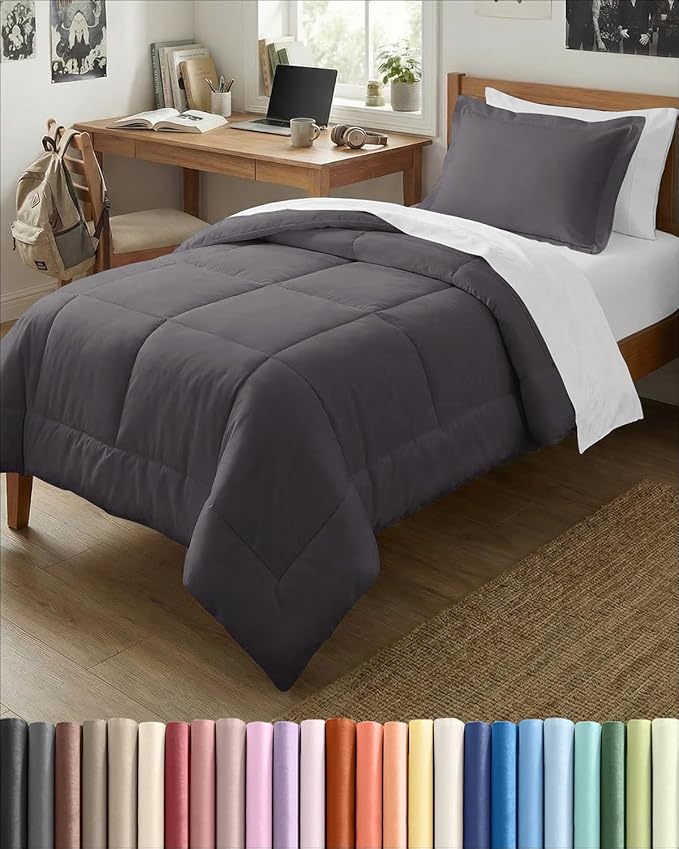 Twin Comforter Set - 2 Piece Bed Set for All Seasons - 1 Soft Quilted Comforter with Corner Tabs & 1 Pillow Sham - Comfy, Cozy & Breathable - Premium Down Duvet Insert, Oeko-TEX - Twin Size, Dark Grey