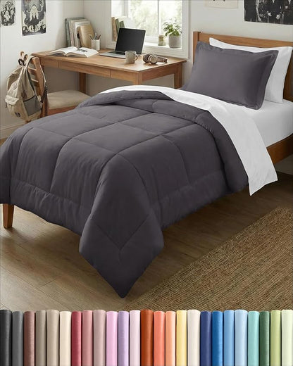 Twin Comforter Set - 2 Piece Bed Set for All Seasons - 1 Soft Quilted Comforter with Corner Tabs & 1 Pillow Sham - Comfy, Cozy & Breathable - Premium Down Duvet Insert, Oeko-TEX - Twin Size, Dark Grey