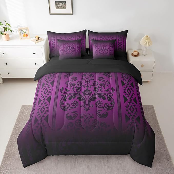 Comforter Set King Size, Dark Purple Damask Aztec 7 Pcs Bedding for Kids and Adults, Antique Decor Western Baroque Gothic Bed Sheet Sets with Fitted Sheet 2 Pillowcases & 2 Shams for Bedroom Bed Decor