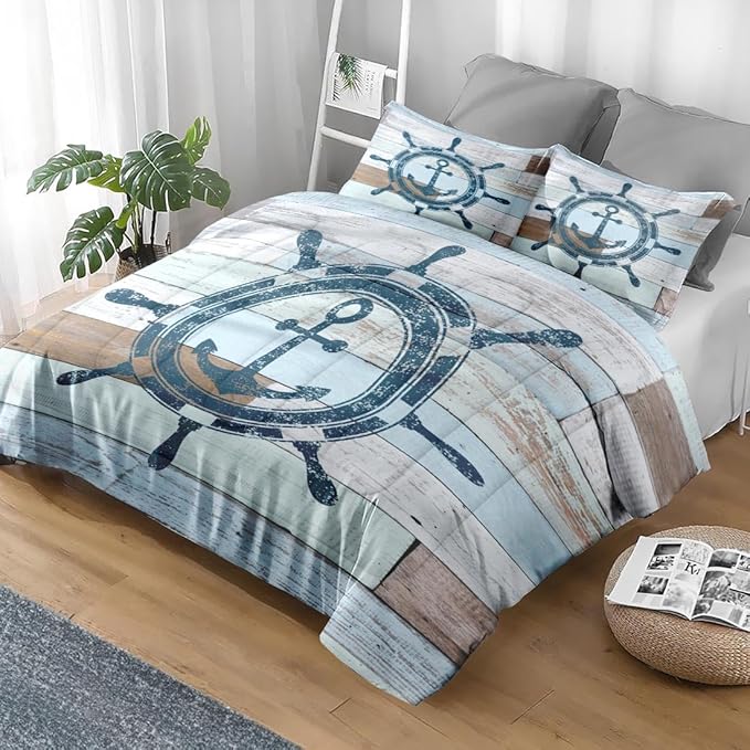 Comforter Set Queen Size, Vintage Wheel Anchor 3 Pcs Soft Bedding Set for Kids and Adults, Retro Blue Sea Woodboard Comforter Set with 2 Pillowcases, for Bedroom Bed Decor