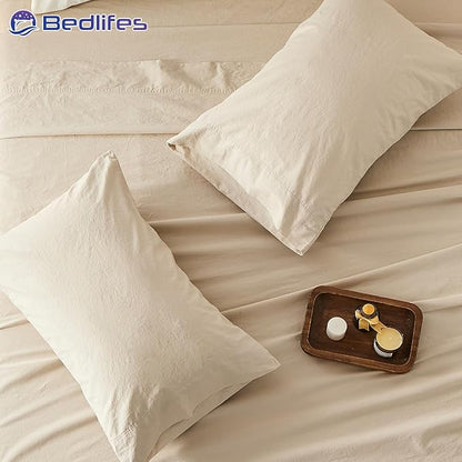 Bedlifes 100% French Pure Linen Sheets King Size Breathable and Cooling Flax Sheet Set Soft Durable and Moisture Wicking 16 Inch Deep Pocket-4 Piece(King,Linen)