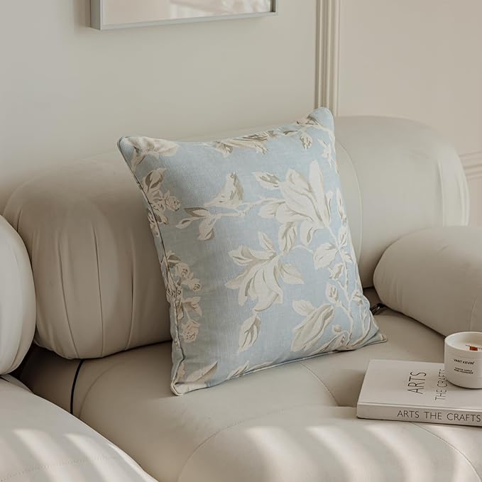 Throw Pillow Covers with Insert Included, with Embroidered Detail, 18 x 18 inches, Decorative Throw Pillow for Sofa Couch Bed (Light Blue Floral, 18" L x 18" W)