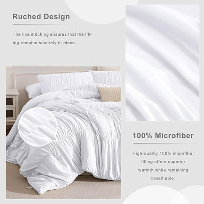 Masaca White Comforter Set King(106"x95"),Ruched Ruffle Bedding Comforter Lightweight 3 Piece Vintage Ultra Soft Luxury Shabby Boho Chic Cal King Bedding (1 White Comforter+2 Pillowcases)