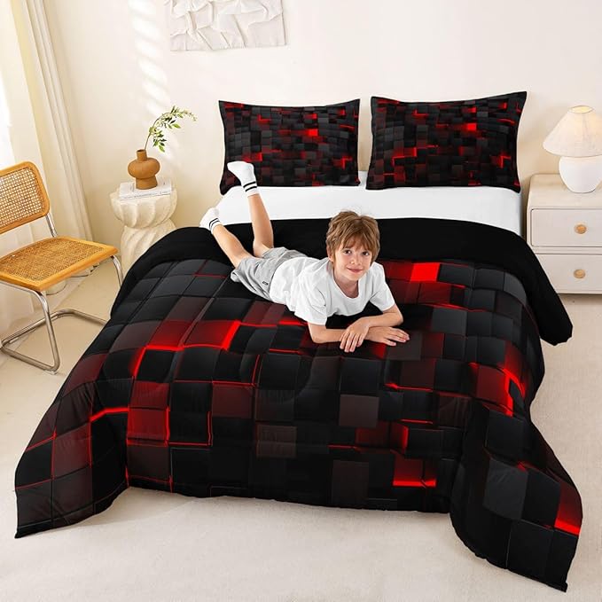 Erosebridal Black and Red Comforter Set Full Neon Geometric Checkered Bedding Set Gamer Room Decor for Boys,Abstract Grids Quilt Comforter for Kids Teen Men Plaid Check Bed Set 3 Pcs
