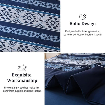 Anibedding King Size Comforter Set Navy Blue,7 Pieces Boho Bed in a Bag Aztec Western Bedding Set, Soft Microfiber Bed Comforter Set for All Season