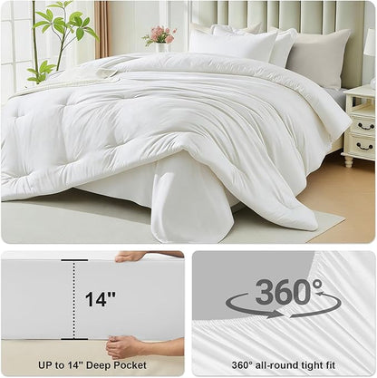 White Queen Comforter Set 7 Piece - Soft Bed in a Bag Queen Size Comforter Sets, Cozy Luxury Bedding Sets with Down Alternative Comforter, Flat Sheet, Fitted Sheet, 2 Pillowcases & 2 Shams