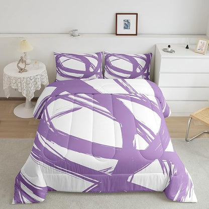 Erosebridal Purple and White Abstarct Toddler Bedding Set,Aesthetic Geometric Comforter Set for Minimalists,Graffiti Stripes Lines Quilt,Contemporary Boho Modern Art Duvet Insert for Minimalism