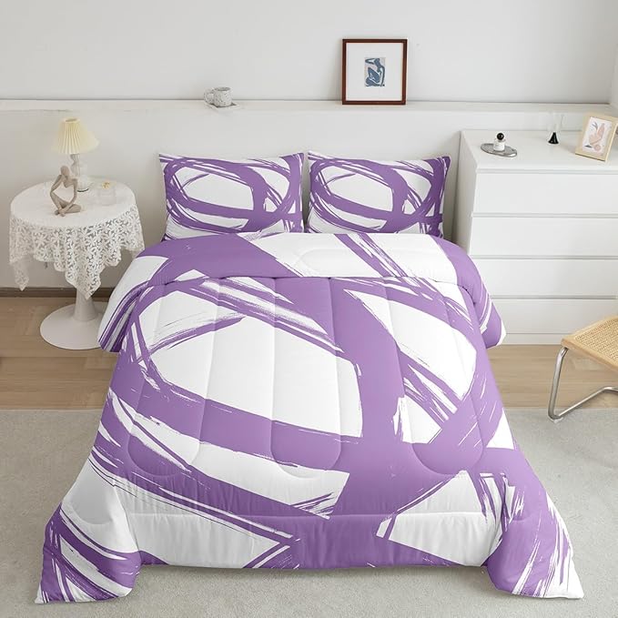 Erosebridal Purple and White Striped King Bedding Set for Kids Teens Adults, Geometric Striped Comforter Set for Minimalists,Graffiti Aesthetic Lines Duvet Insert,Contemporary Boho Modern Art Quilt