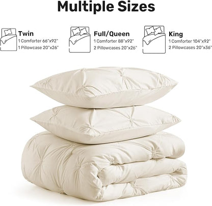 UNIKOME Queen Comforter Set Beige - Ultra Soft Boho Pintuck Cream Down Alternative Bedding Set for All Seasons, 3 Pieces Lightweight Warm Pinch Pleat Bed Set with Comforter, 2 Pillowcases
