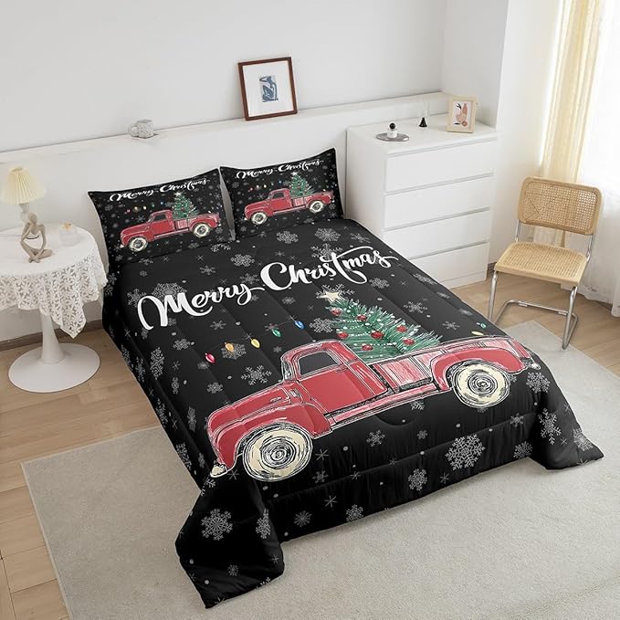 Castle Fairy Merry Christmas Theme Kids Comforter Set Queen,Xmas Tree Red Truck Snowflake Watercolor Graffiti Print Bedding Set for Men Women Adults Bedrrom Decor,Farmhouse Vintage Rustic Quilt 3 Pcs