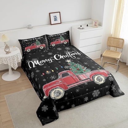 Castle Fairy Merry Christmas Theme Kids Comforter Set Queen,Xmas Tree Red Truck Snowflake Watercolor Graffiti Print Bedding Set for Men Women Adults Bedrrom Decor,Farmhouse Vintage Rustic Quilt 3 Pcs