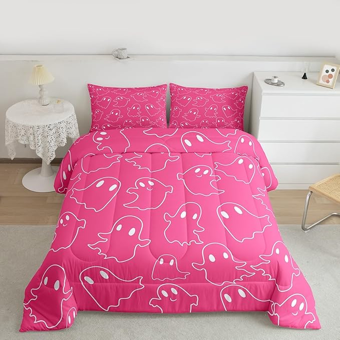 Erosebridal Girls Hallloween Ghost Bedding Set Toddler, Kawaii Ghost Comforter Set, Cute Pink Spooky Comforter for Kids Teens Women Bedroom Decor, Funny Halloween Decor Quilt