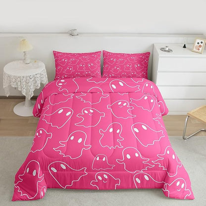 Erosebridal Girls Hallloween Ghost Bedding Set Twin, Kawaii Ghost Comforter Set, Cute Pink Spooky Comforter for Kids Teens Women Bedroom Decor, Funny Halloween Decor Quilt