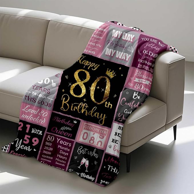 80 Birthday Gifts for Women, 80th Birthday Blanket with Gift Box for Women, Gifts for 80th Birthday, Happy 80th Birthday Decorations Gift Ideas for Her, 80th Birthday Gifts Throw Blanket 60"x50"