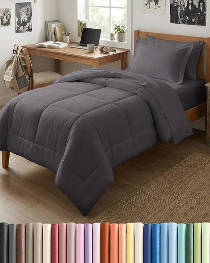 Twin Comforter Set - 5 Piece Bed in a Bag Twin Size Bed Set - Down Alternative Comforter, Flat Sheet, Fitted Sheet, Pillowcase & Sham for All Seasons - Ultra Soft, Cozy, Comfy & Breathable - Dark Grey