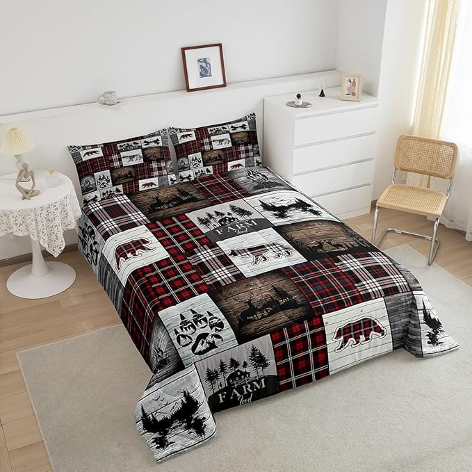 Bear Comforter for Teens Boys Girls Buffalo Plaid Check Bedding Sets for Cabin Camping Wild Farm Animal Elk Deer Duvet Insert Red Christmas Stripes Patchwork Quilt Hunting Theme Quilted Duvet,Queen