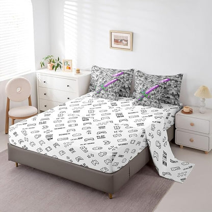 Castle Fairy Green Purple Sword 7 Piece Comforter Sets King Size,Miner Check All Season Reversible Bed in a Bag Video Games Bedding Sets Cool Pixel Flat Sheet,Fitted Sheet,Pillowcases