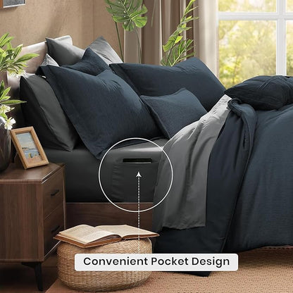 Monbix California King Comforter Set - 7 Pieces Cationic Dyeing Navy Blue Bed in a Bag Cal King Bedding Sets with Comforter, Sheets, Pillowcases & Shams, Reversible Bedding Comforters Sets