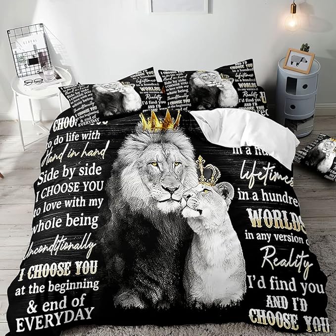 VIVIHOME 3PCS Lion King & Queen Bedding Set, Duvet Cover Full, African Safari Animal Black Bedding, Comforter Cover, Bedroom Decor for Couples, Romantic Lion Couple Gifts, I Choose You, 2 Pillowcases