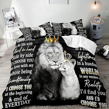 VIVIHOME 3PCS Lion King & Queen Bedding Set, Duvet Cover Full, African Safari Animal Black Bedding, Comforter Cover, Bedroom Decor for Couples, Romantic Lion Couple Gifts, I Choose You, 2 Pillowcases