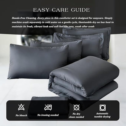 Double Brushed Micorfiber Twin Comforter Set Carbon Black- 7-Piece Bed in a Bag, All-Season Soft Bedding with Sheets & Envelope Pillowcases (68"x88",Twin)