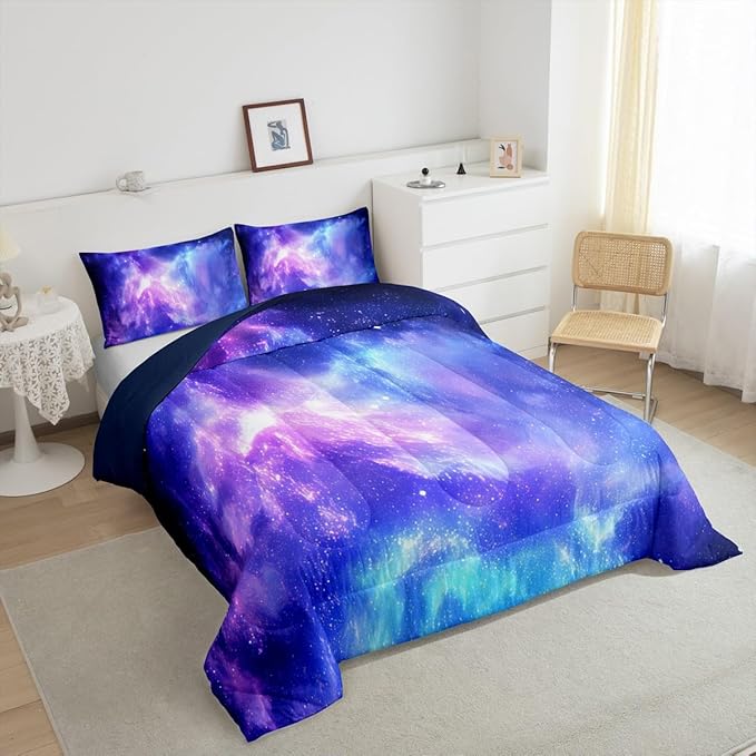 Erosebridal Purple Galaxy Bedding Down Comforter Set Kids Teens Girls Boys Starry Sky Space Universe Star Design Comforter Set,Soft Home Decorative 3 Pcs Bedding Set with 2 Pillowcases,King Size