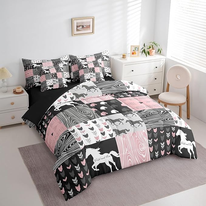 Erosebridal Girls Unicorn 7 Piece Comforter Set King Girly White Horse Bedding Western Cowboy Cowgirls Quilt Buffalo Plaid Duvet Insert Arrow Stripes Wild Animal Sheets Bedroom Decor,Pink Black