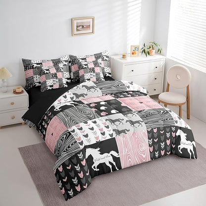 Erosebridal Girls Unicorn 7 Piece Comforter Set King Girly White Horse Bedding Western Cowboy Cowgirls Quilt Buffalo Plaid Duvet Insert Arrow Stripes Wild Animal Sheets Bedroom Decor,Pink Black