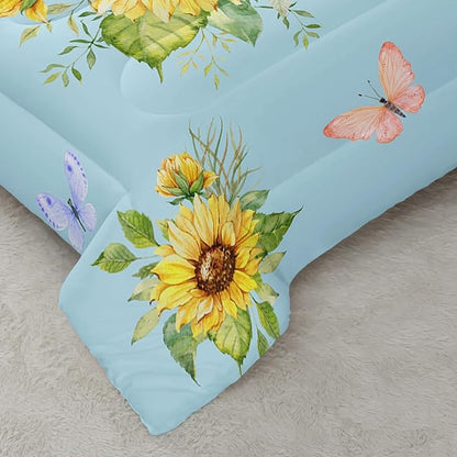 Sunflower Blue Comforter Set Queen Size for Women Adults,3 Piece Butterfly Floral Bedding Set,Microfiber Quilts with 2 Shams Soft Lightweight Quilt Room Decor,Blue