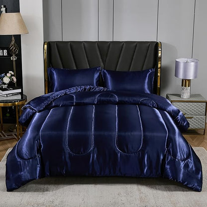 Satin Comforter Set Queen Silk Like Blue Bedding Comforter Luxury Hotel Silky Bed Home Deocr 1 Comforter 2 Pillowcases (Queen, Navy Blue)
