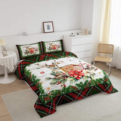 Castle Fairy Red Green Geometric Grid Bed Comforter Set Queen Size,Xmas Deer Elk Farmhouse Super Soft Microfiber Bedding Set for Adults Teens,Merry Christmas Comforter Set,2 Pillowcases
