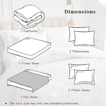 7 Pieces Tufted Bed in a Bag King Comforter Set with Sheets White, Soft and Embroidery Shabby Chic Boho Bohemian, Luxury Solid Color with Diamond Pattern, Jacquard Tufts Bedding Set for All Season