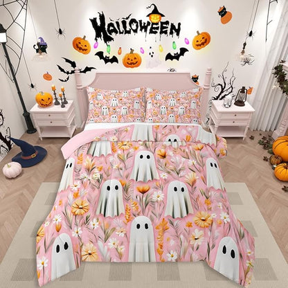 Erosebridal Girls Halloween Ghost Full Bedding Set, Bohemian Halloween Decor Comforter Set for Kids Teens Women Bedroom Decor, Boho Floral Comforter, Blossom Flowers Quilt 3 Piece