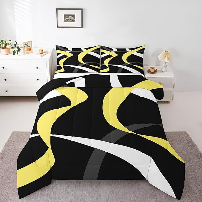 Erosebridal Gray Black Gold Bedding Comforter Sets Grey White Striped Abstract Bedding Set Toddler for Kids Adults Geometric Stripes Down Comforter Modern Fashion Quilt Duvet 2 Pcs