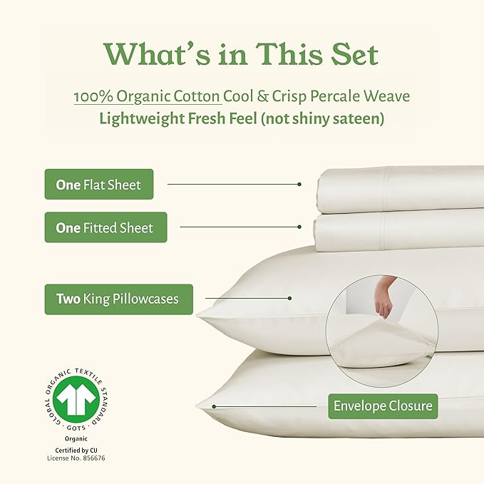 California Design Den King Sheets Set - Soft 100% Organic Cotton Sheets with Deep Pockets, Crisp Percale, Breathable and Durable Bedding Set - Ivory (Cream Tone)