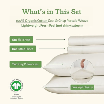 California Design Den King Sheets Set - Soft 100% Organic Cotton Sheets with Deep Pockets, Crisp Percale, Breathable and Durable Bedding Set - Ivory (Cream Tone)