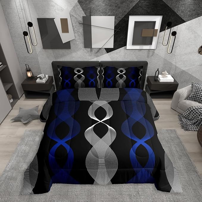 Erosebridal Blue Black Abstract Bedding Set Twin for Boys, Blue Striped Comforter Set, Ombre Geometric Stripes Quilt for Men Adults Bedroom, Modern Aesthetic Art Lines Boho Comforter