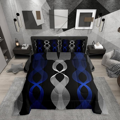 Erosebridal Blue Black Abstract Bedding Set Twin for Boys, Blue Striped Comforter Set, Ombre Geometric Stripes Quilt for Men Adults Bedroom, Modern Aesthetic Art Lines Boho Comforter