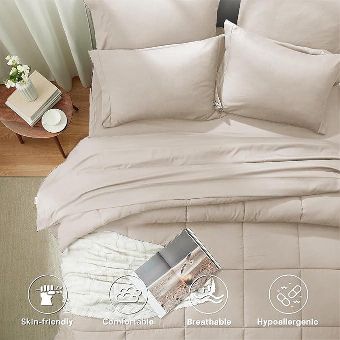 Anluoer Queen Size Bed in a Bag 7 Pieces, Beige Bed Comforter Set with Sheets, All Season Bedding Sets with 1 Comforter,2 Pillow Shams,2 Pillowcases, 1 Flat Sheet,1 Fitted Sheet