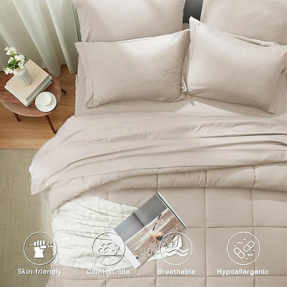Anluoer Full Size Bed in a Bag 7 Pieces, Beige Bed Comforter Set with Sheets, All Season Bedding Sets with 1 Comforter,2 Pillow Shams,2 Pillowcases, 1 Flat Sheet,1 Fitted Sheet