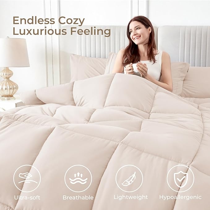 Sasttie Oversized King Comforter Set, 7 Pieces Extra Large Bed in a Bag, Complete Bedding Set Includes 120''x98'' Comforter, Flat Sheet, Fitted Sheet, Pillowcases and Pillow Shams, Beige