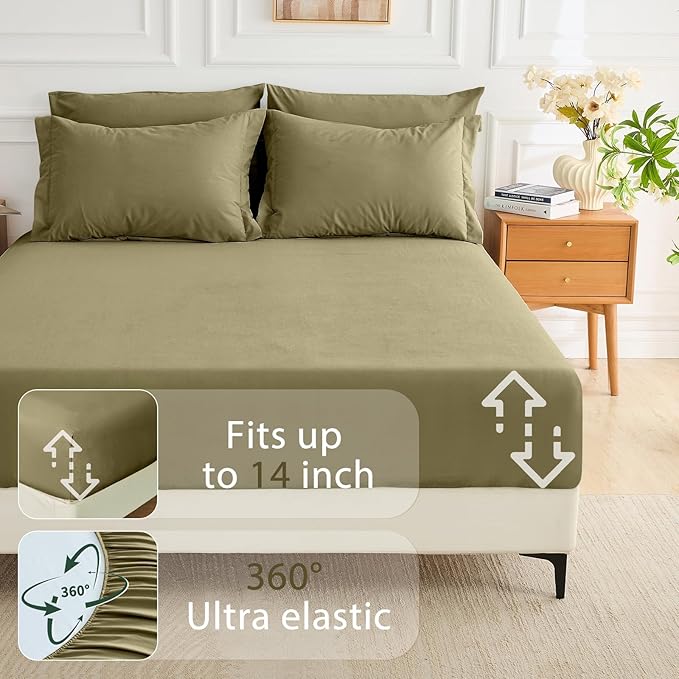 MUXHOMO 7 Pieces California King Comforter Set, Soft Bed in a Bag Cal King Size, All Season Bedding Set with Comforter, Flat Sheet, Fitted Sheet, Pillowcases & Shams, Olive Green