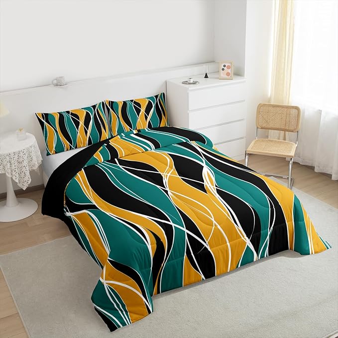 Erosebridal Geometric Comforter Set King Black and Gold Stripes Bedding Set, Turquoise White Duvet Insert Abstract Modern Quilt Sets, Aesthetic Lines Bedding Comforters & Sets Minimalism Bedroom Decor