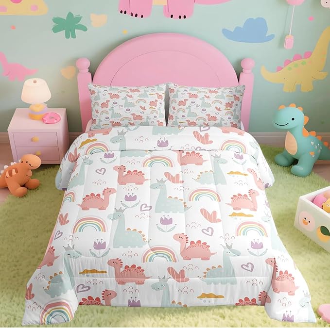 Feelyou Cartoon Dino Comforter Set Queen, Pink Green Dinosaur Comforter Cute Jungle Dino Comforter Set for Kids Boys Girls Cute Rainbow Duvet Set Microfiber Quilt Set