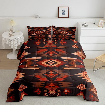 Feelyou Rustic Western Southwestern Comforter Set,Native American Tribal Navajo Bedding Set Full Size,Boys Girls Bedroom Room Decor,Red Black Western Comforter,Farmhouse Bed Set