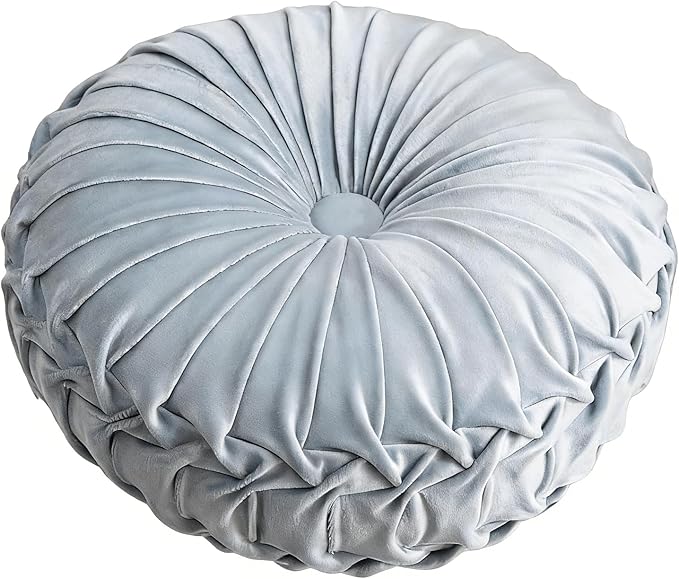 MOCOFO Round Velvet Throw Pillow, Pumpkin Shape Decorative Floor Cushion, Handcrafted Pleated Design, 14 and 16 Inch Diameter, Multiple Colors, Polyester Fill (Gray Blue, 16")