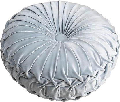 MOCOFO Round Velvet Throw Pillow, Pumpkin Shape Decorative Floor Cushion, Handcrafted Pleated Design, 14 and 16 Inch Diameter, Multiple Colors, Polyester Fill (Gray Blue, 16")