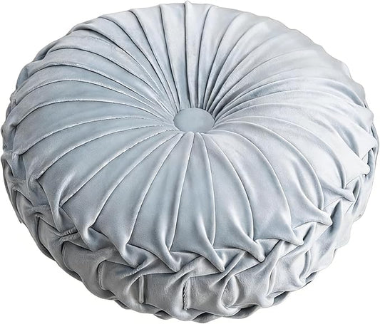 MOCOFO Round Velvet Throw Pillow, Pumpkin Shape Decorative Floor Cushion, Handcrafted Pleated Design, 14 and 16 Inch Diameter, Multiple Colors, Polyester Fill (Gray Blue, 14")