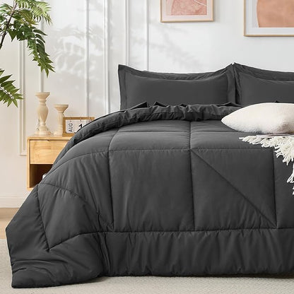 7 Pieces Queen Comforter Set - Utral Soft Microfiber Bedding Set, Thick Duvet Insert Bed in a Bag Without Rustling Noise for All Season, Dark Grey (88"x88")
