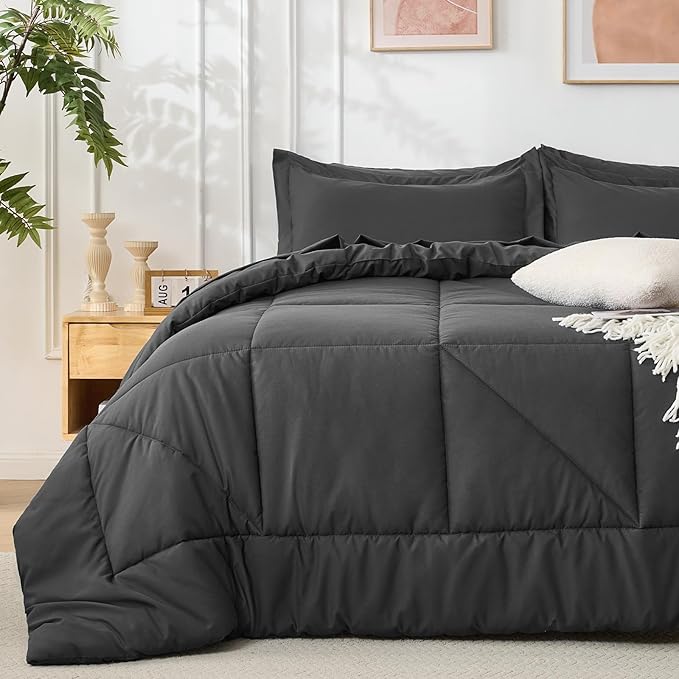 7 Pieces Full Comforter Set - Utral Soft Microfiber Bedding Set, Thick Duvet Insert Bed in a Bag Without Rustling Noise for All Season, Dark Grey (82"x86")